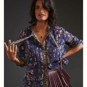 ANTHRO Pilcro Ladder Lace Cotton Floral  Animal Print Tie Neck Blouse Size Small